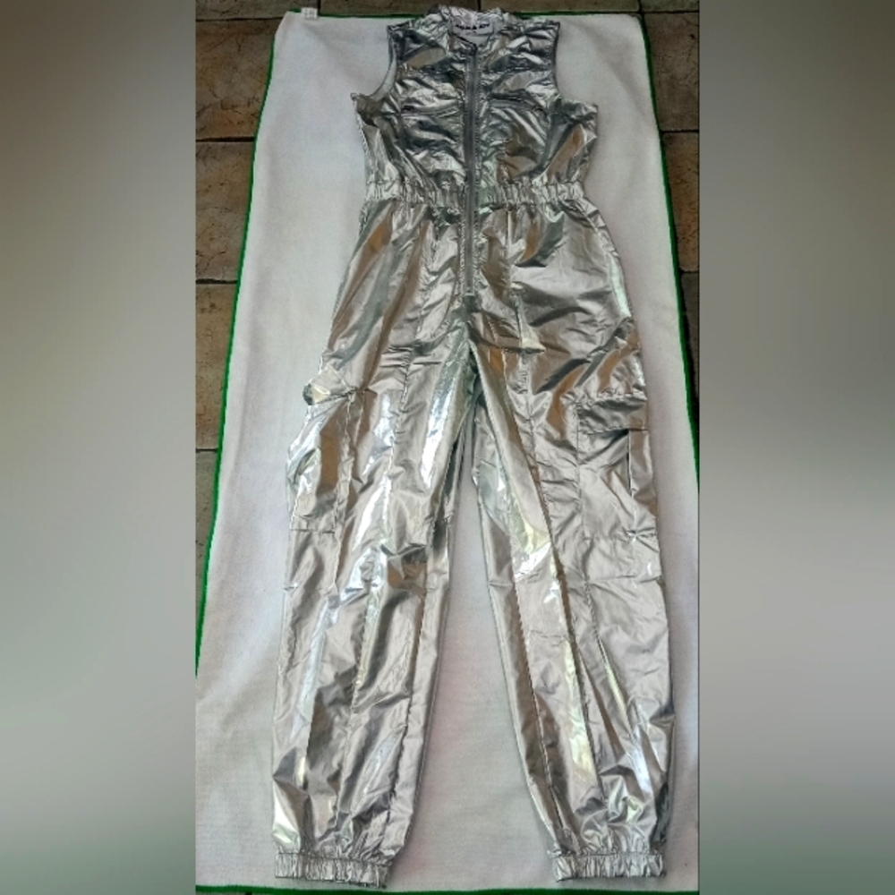 Metallic Silver Sleeveless Jumpsuit with Front Zip